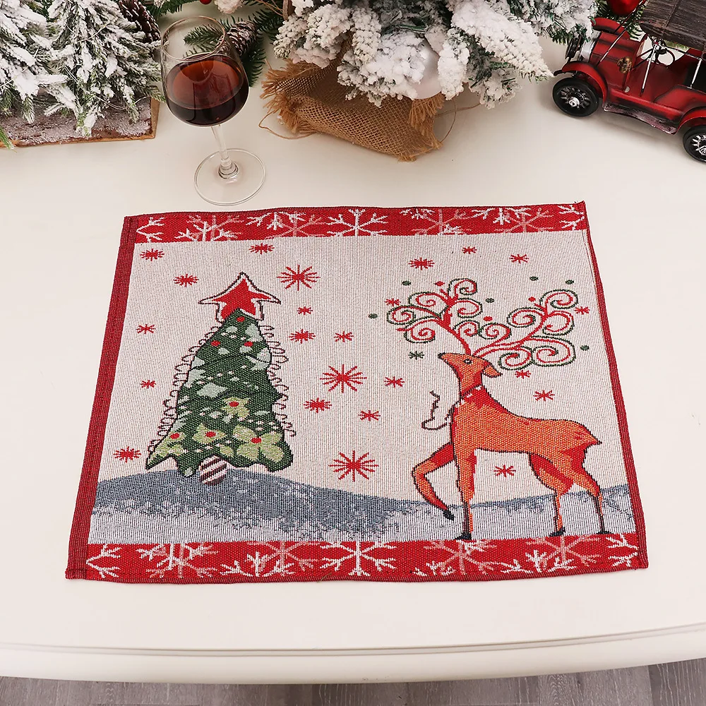 Forest Reindeer Vintage Christmas Eve White Snowflakes Holiday Season Decorative Woven Tapestry Placemats Christmas Table Mat