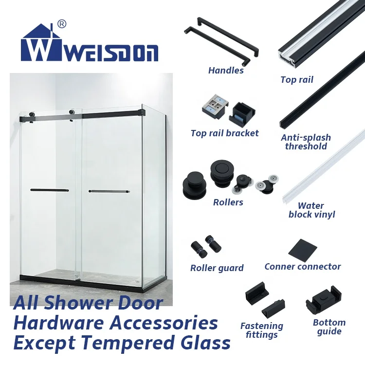 Foshan Factory Matte Black Stainless Steel Frameless Screw Rail System Roller Handle Full Set Shower Room Hardware Without Glass