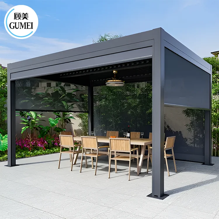 High Quality Commercial Outdoor Aluminium Garden Gazebo Roof Designs With Motorized Blinds And LED Light