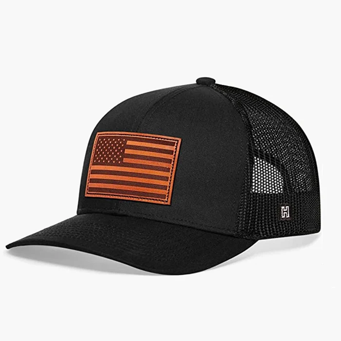 American Flag USA PU Leather Patch Mesh Back Trucker Hat Adjustable Snapback Baseball Cap for Men & Women