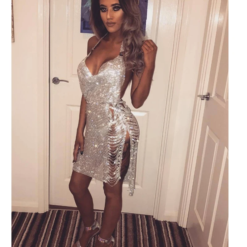 Custom Female Deep V Neck Mesh Bling Overlay Dresses Chainmail Clothing For Party Ripped Diamante Rhinestone Dress