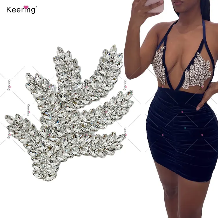 Bling-bling Fashion Leaves Patches Clothing Decoration Handmade Rhinestone Crystal Applique Sewing Dress Keering WRP-101