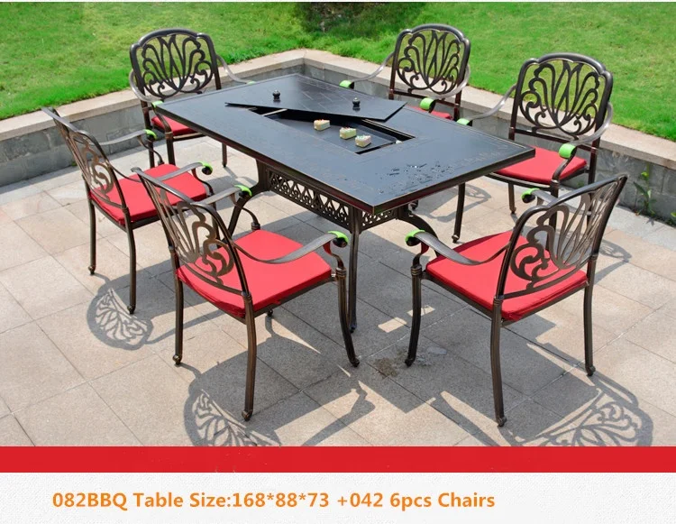 Round Wood Burning Garden Cast Aluminum Wrought Iron Furniture Outdoor Korean BBQ Grill Table and Chair Sets