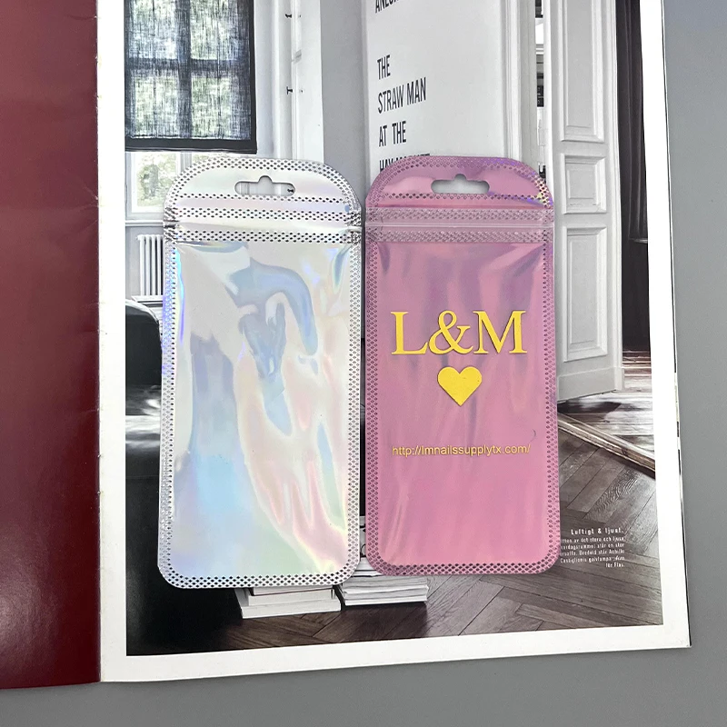 Custom Resealable  Aluminum Foil Clear Pink Plastic Pouch Zip Lock Zipper Mylar Holographic Jewelry Cosmetic Packaging Bag