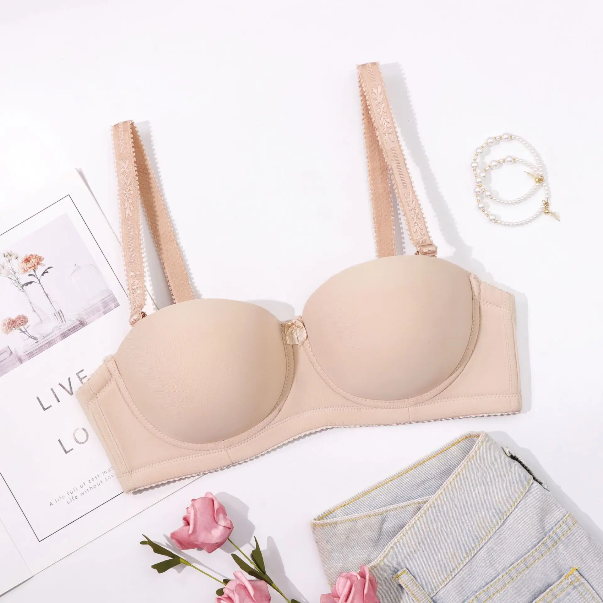 Women Plus size Half Cup Strapless Demi Bra, Smoothing Underwire C cup Bra 85-105