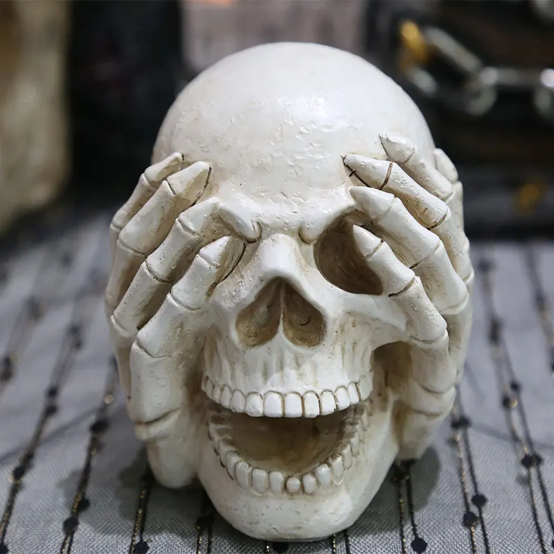 Halloween decoration resin sculpture White No see skull head No say skull head home decoration resin crafts skeleton  figurine