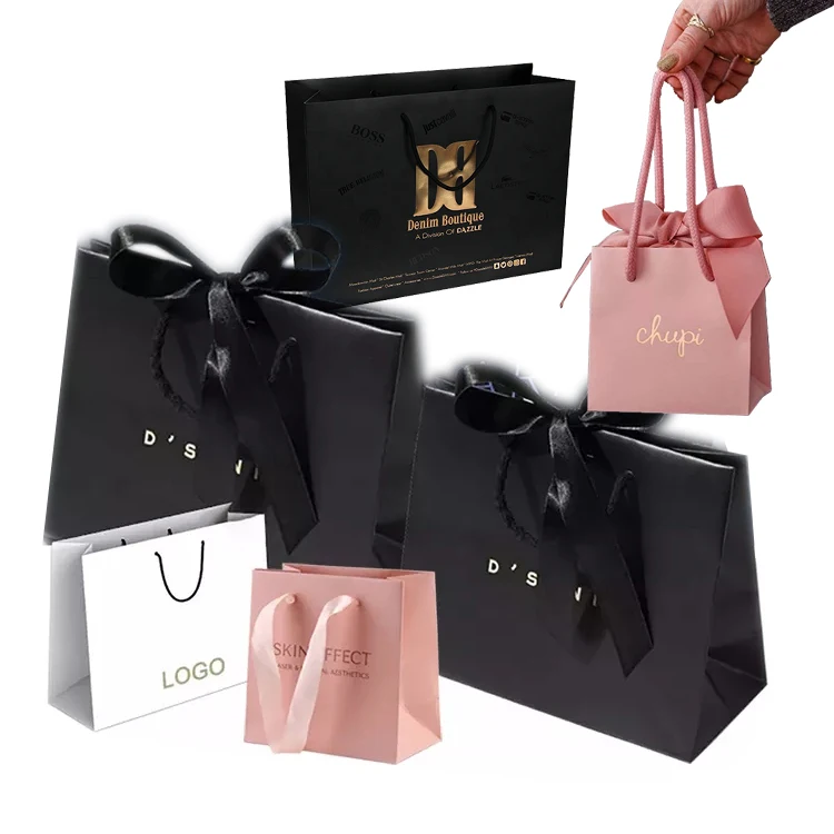 Luxury Custom Logo Large Small Retail Store Clothing Jewelry Packaging Shopper Gift Paper Bag With Bow Tie Ribbon Handles