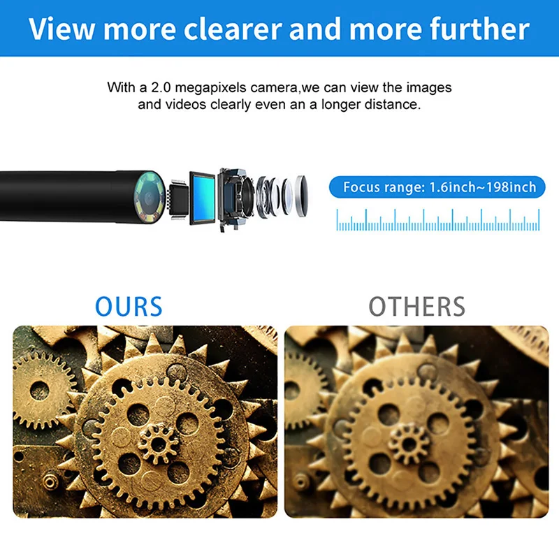 Upgrade 5.0MP HD WiFi Borescope Semi-Rigid Snake Inspection Camera with Auto Focus 6X Zoom for Android