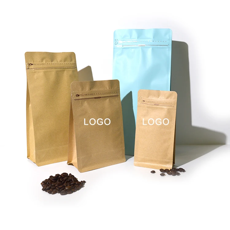Biodegradable Coffee Bags With Valve And Zipper Custom Paper Coffee Packaging Bags Flat Bottom Coffee Bean Bag 150g 250g