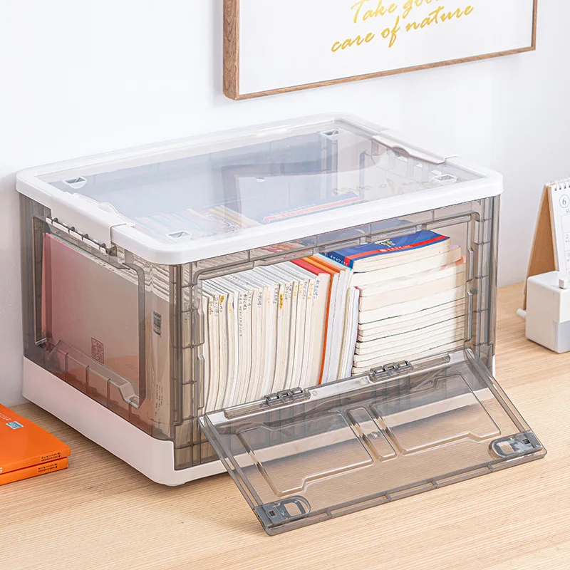 Wholesale Folding Transparent Container Side Door Plastic Toy Chest Storage Box With Wheels