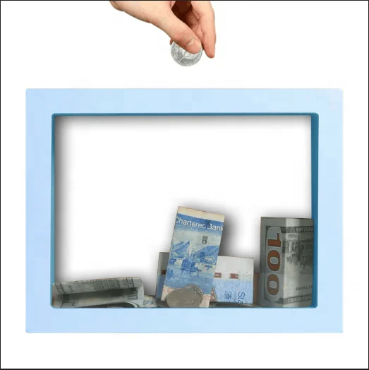Wholesale Custom Blue 3D Saving Money Rectangle Coin Wooden Money Box Frame for Boy or girl ,Kids Piggy Bank