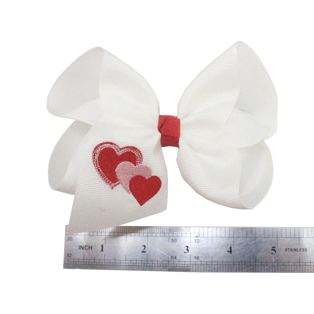 Love Red Valentines day Hair Bow Embroidered Heart Shape Grosgrain Ribbon Hair Accessories