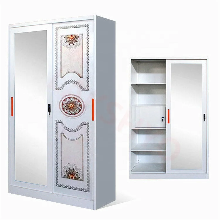 Stainless Steel 2-Door Wardrobe with Sliding Metal Doors Home Furniture Flower Print Storage Cabinet or Lemari Besi