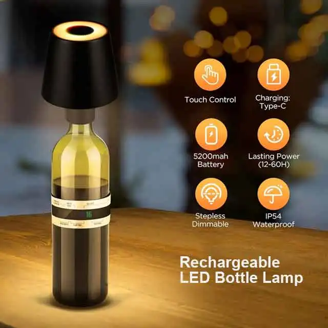 LED Rechargeable Table Lamp Bottle Decorative Light Dimmable Portable Desk Lamp IP54 Waterproof Lamp for Restaurant/Home/Bar