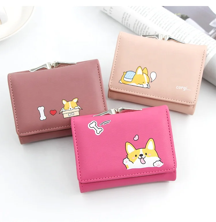 2022 New Design Mini Iron Clip Lock Corgi Dog Pattern Change Coin Cash Purse Multiple Card Holder Girl Clutch Women Wallet Bag