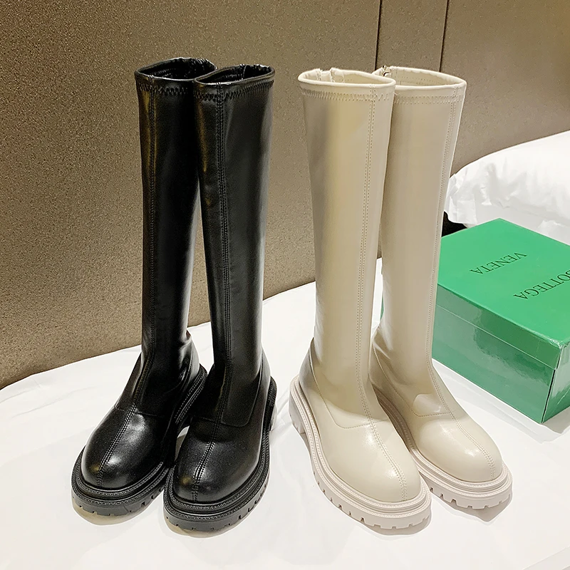 Wholesale Winter Fashion Women Black Lace Up Knee-High Boots Leather Female Boots For Women