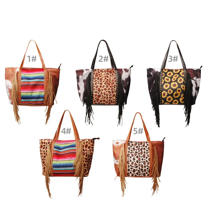 Fashion Indian Style Tassel Rivet Ladies PU Leather Handbags Purse Rainbow Shoulder Bags Hand Bags for Women