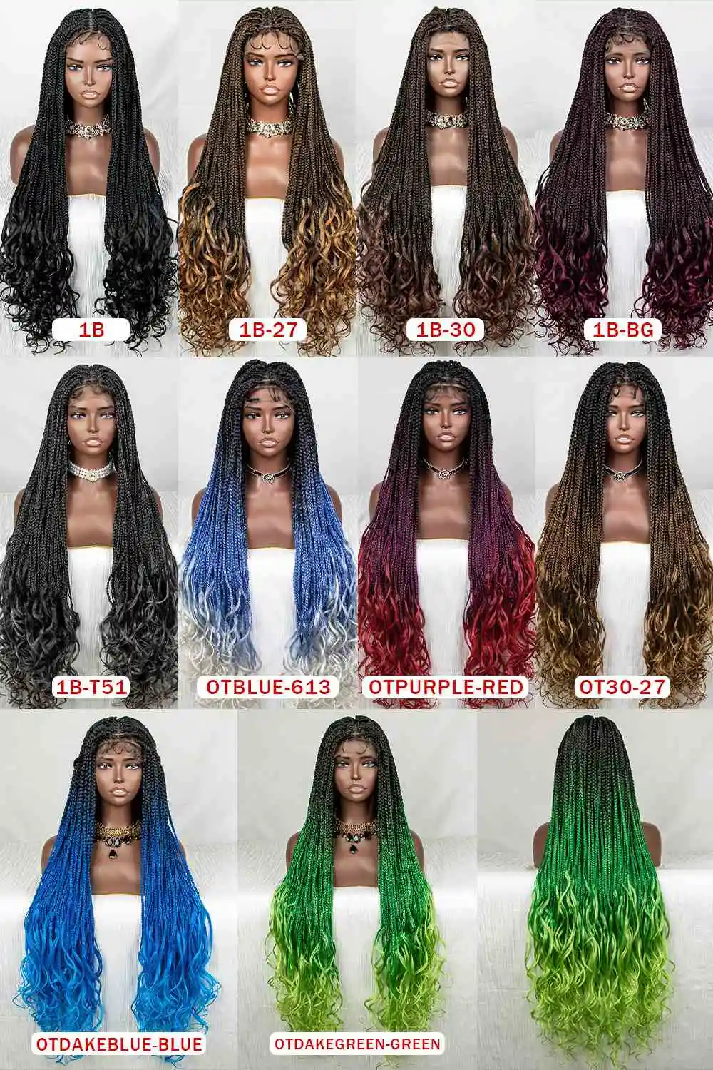 lace front box braid wig with curly end, different colors french curly loose wave braided wigs in stock