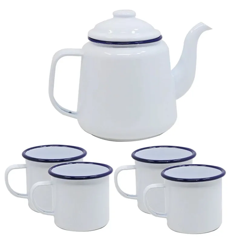 5pc Europe market homeware kitchen tableware 900ml enamelware coffee pot custom cup enamel coated coffee teapot set with cup
