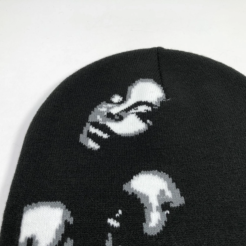 OEM custom logo pattern no fold beanie Men fashion black knitting winter hats Wind proof skull acrylic sports hip hop beanie
