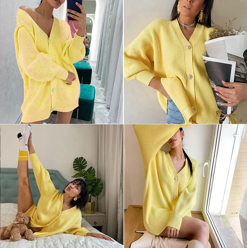 CY Casual V-neck Knitted Kimono Cardigan Women Autumn Winter Lantern Sleeve Button Female Streetwear