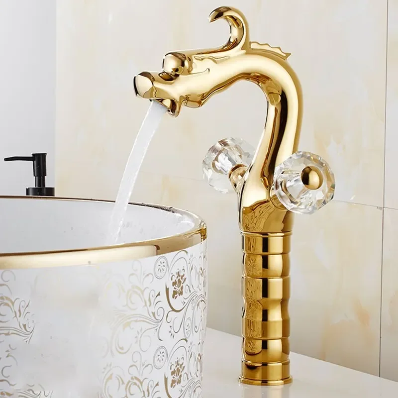 Dragon Crystal Dual Handles Single Hole Mixer Deck Mounted Lavatory Bathroom Taps Gold Basin Sink Faucet