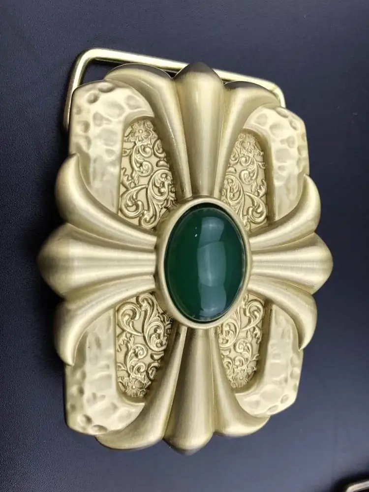 40mm inner width solid brass 3D embossed flower design green agate stone western name plate belt buckle