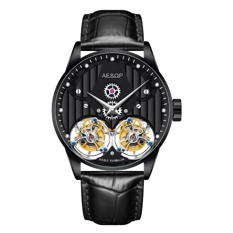 Custom Lower MOQ Full Black Oil Pressure Gear Dial Hand Winding Movement Sapphire Mechanical Double Tourbillon Wristwatch