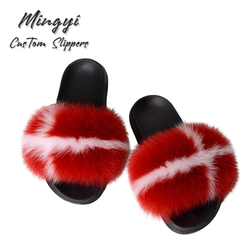 Wholesale Furry Slides Printing Custom logo Slippers Women 100% Real Fluffy Fur Slippers with logo
