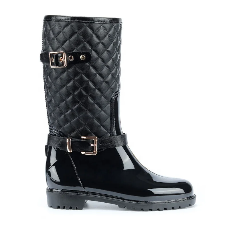 European and American Water Shoes for Women Diamond Plaid Fashion Hunter Rain Boots Hemming Accessories Warm Mid-Tube Rain Shoes