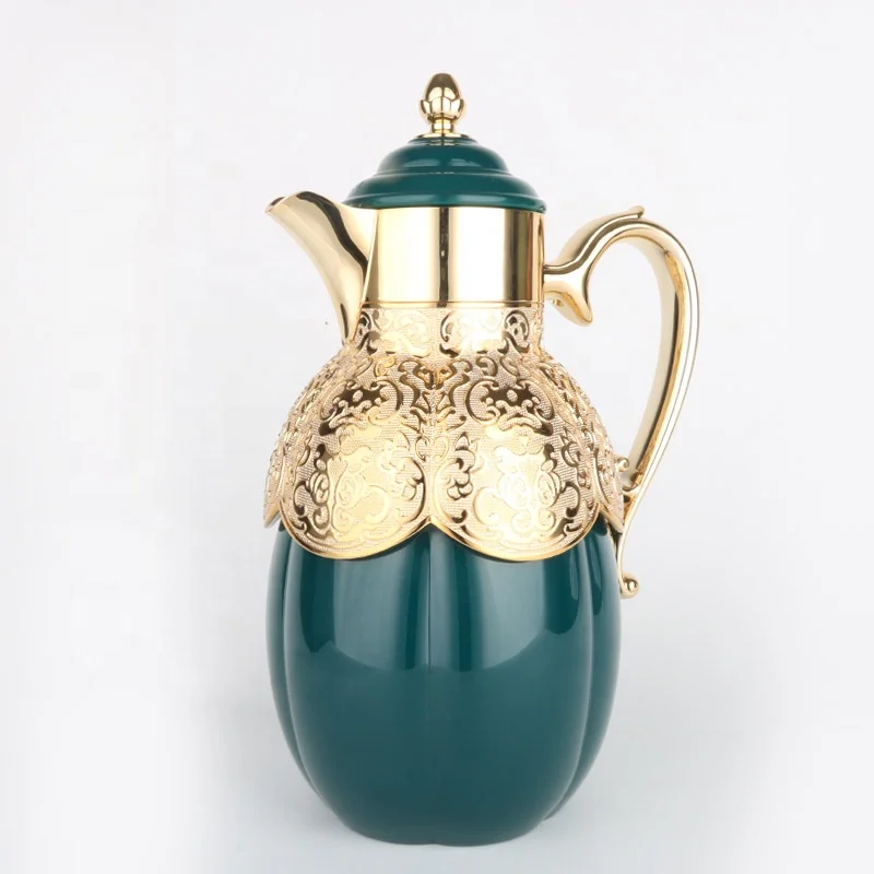 New arrival 1.0 L Dallah Long Spout Pumpkin Shape Green Golden Coating Metal body High Quality Glass Insulated Vacuum Flask