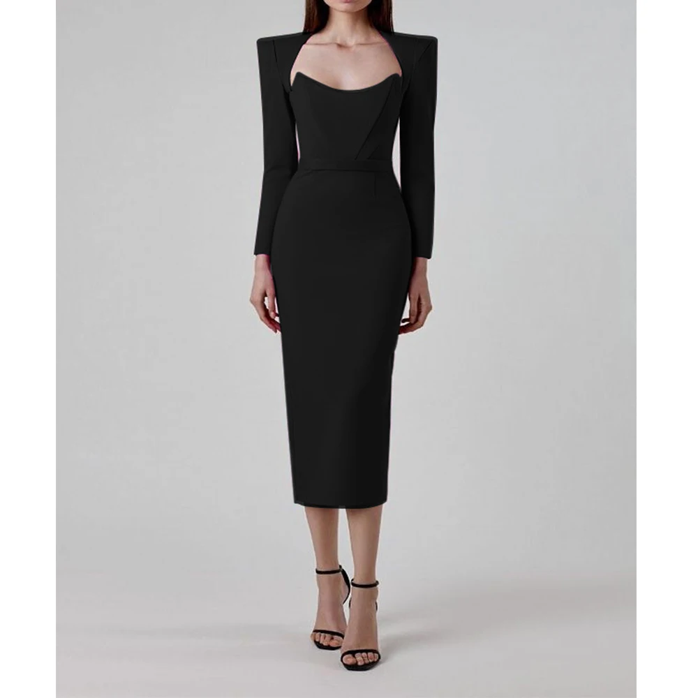 High Quality Ladies Elegant Black Long Sleeve Bandage Bodycon Midi Evening Dress For Women