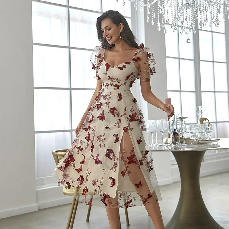 JF New Embroidery Elegant Temperament Print Closed Waist One-Line Shoulder Long Skirt Low Cut Gauze Skirt Sexy Casual Dresses