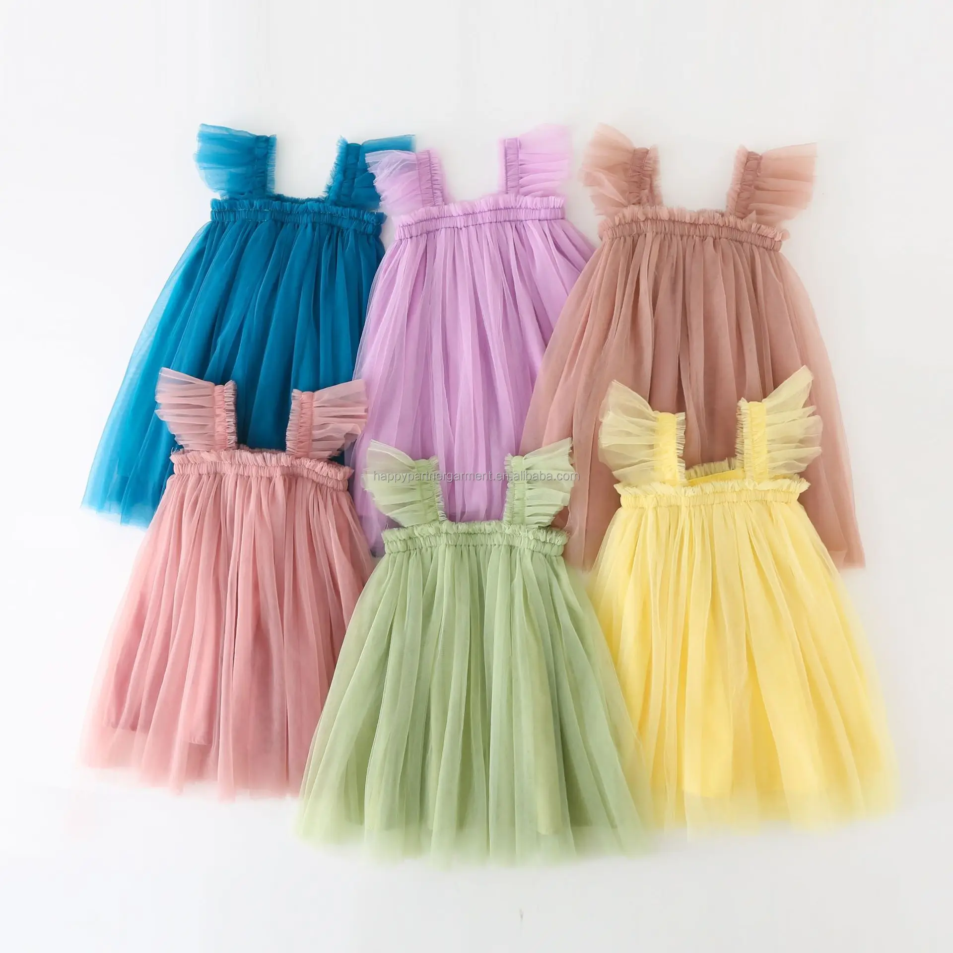 wholesale custom good price puff sleeve solid color little girls tutu tulle dress for summer