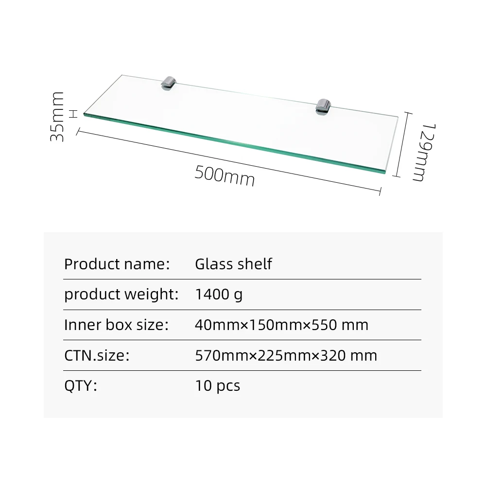 High Quality Bathroom Shelf Set OEM Glass Shelf with Rectangle Tempered Glass and Polished Chrome Bracket Wall Mount