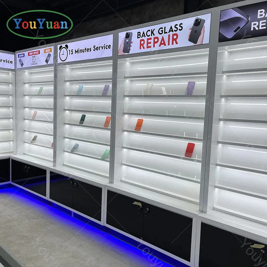 Unique Custom Showcase Display Case With Sliding Glass Door Wall Showcase Cabinet With Lockable Storage For Phone Shop