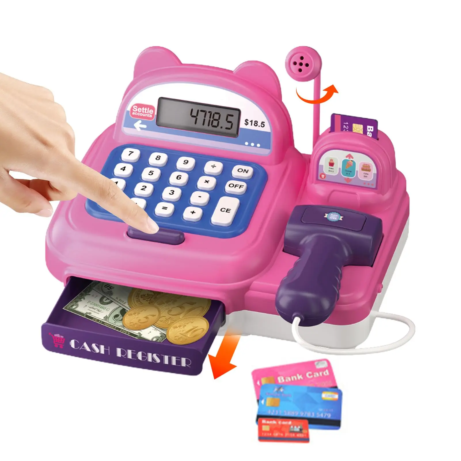 EPT Kids Pretend Play Preschool Supermarket Toy Cash Register Toys with Handheld Scanner Live Microphone Calculator
