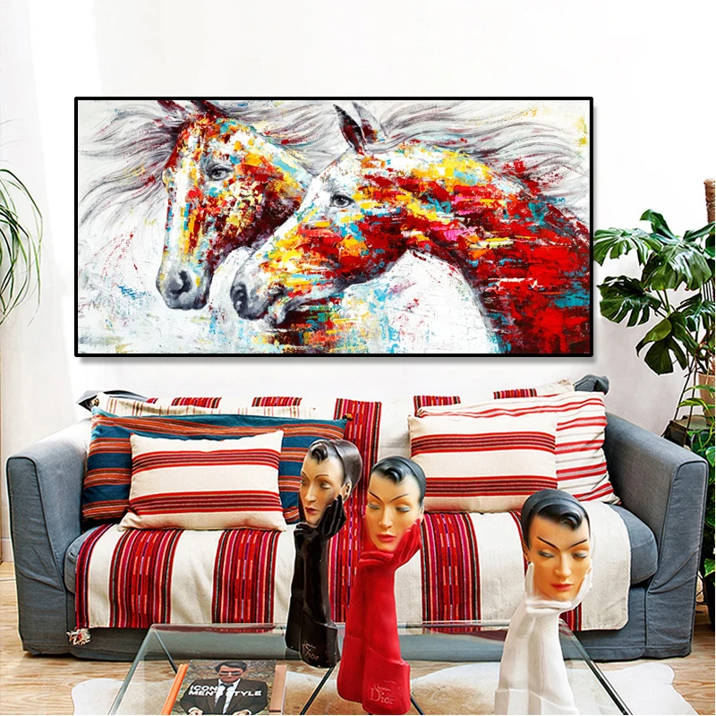 Custom Dropshipping  Abstract Colorful Two Horses Art 100% Handmade Animal Painting For Wall