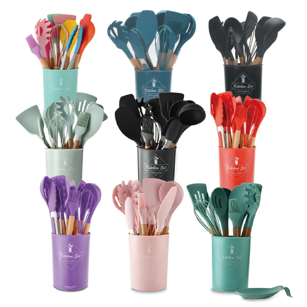 Eco Friendly Colorful Silicone Bamboo Wooden Kitchen Cooking Utensil Set Silicone With Holder Competitive Price