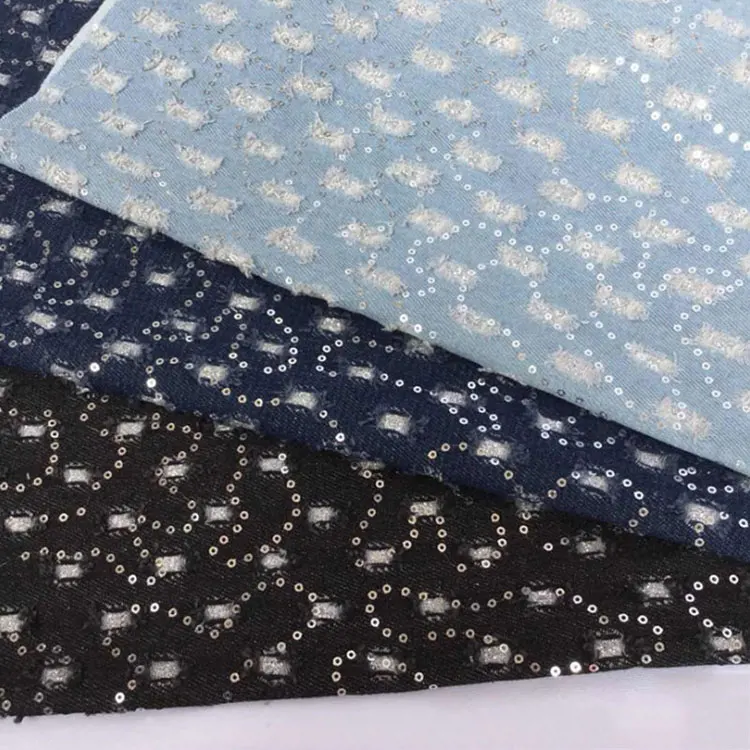 New design polyester sequin perforated Hollow stretchable embroidered cotton denim fabric for clothes