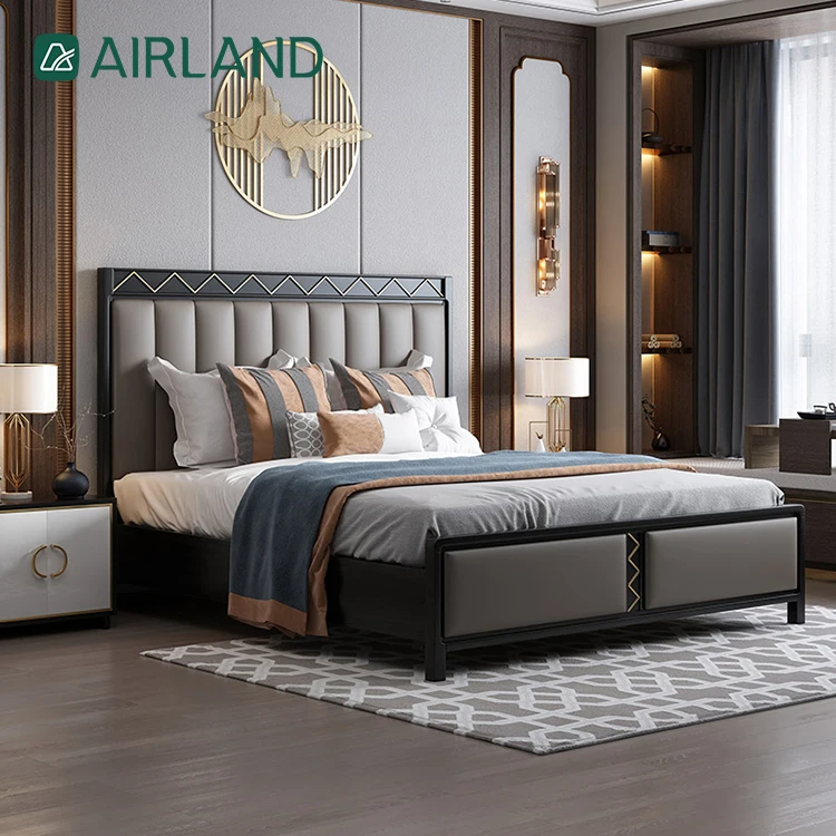 Simple storage bed queen size bedroom furniture comfortable modern genuine leather double bed