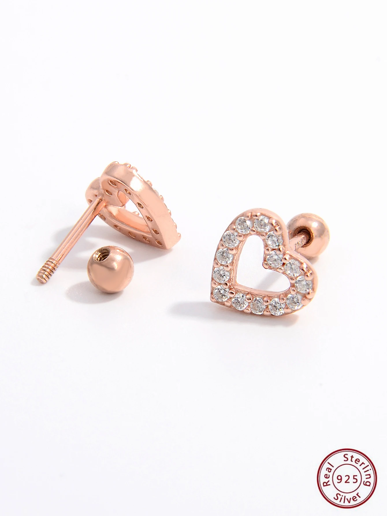 New Iced Out Bling 925 Sterling Silver Hollow Heart Stud Earrings CZ Micro Paved Screw Back Earrings For Women