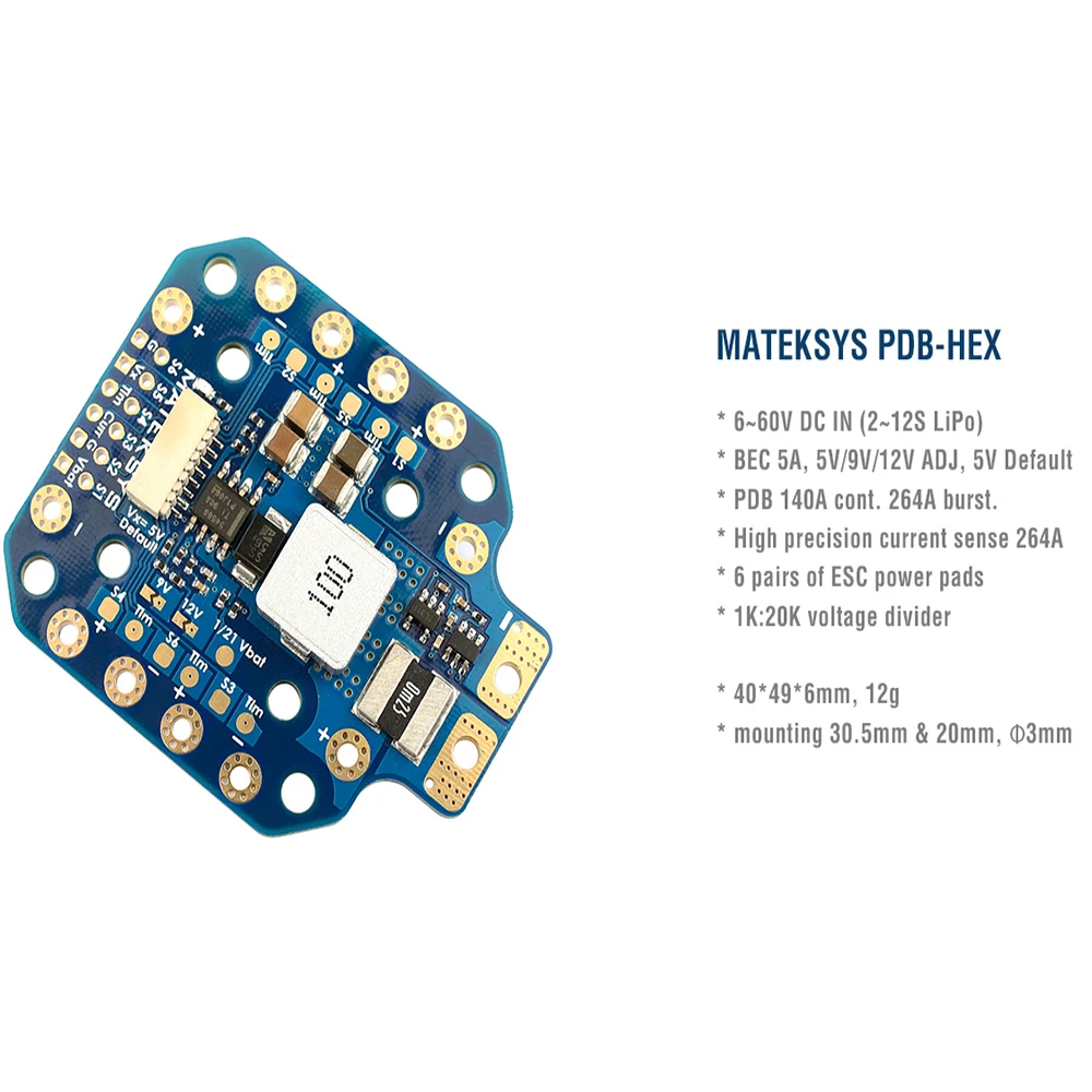 MATEK PDB-HEX 2-12S 5A 5V/9V/12V BEC Power Distribution Board PDB Outputs High Precision Current Sense for FPV Racing Drone