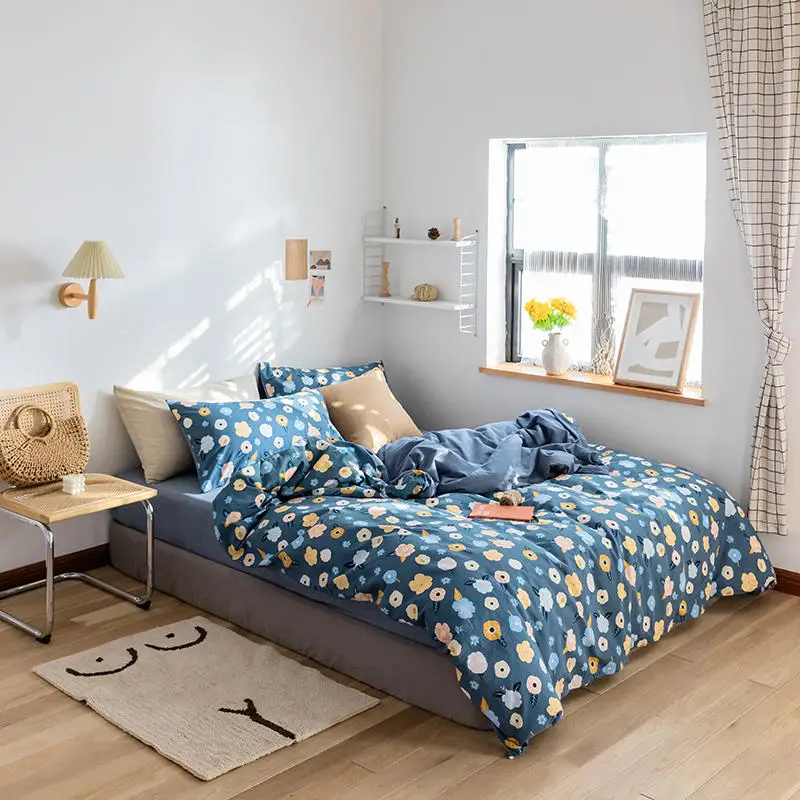 blue flowers plain printed duvet cover sets bed sheet washed bedding set