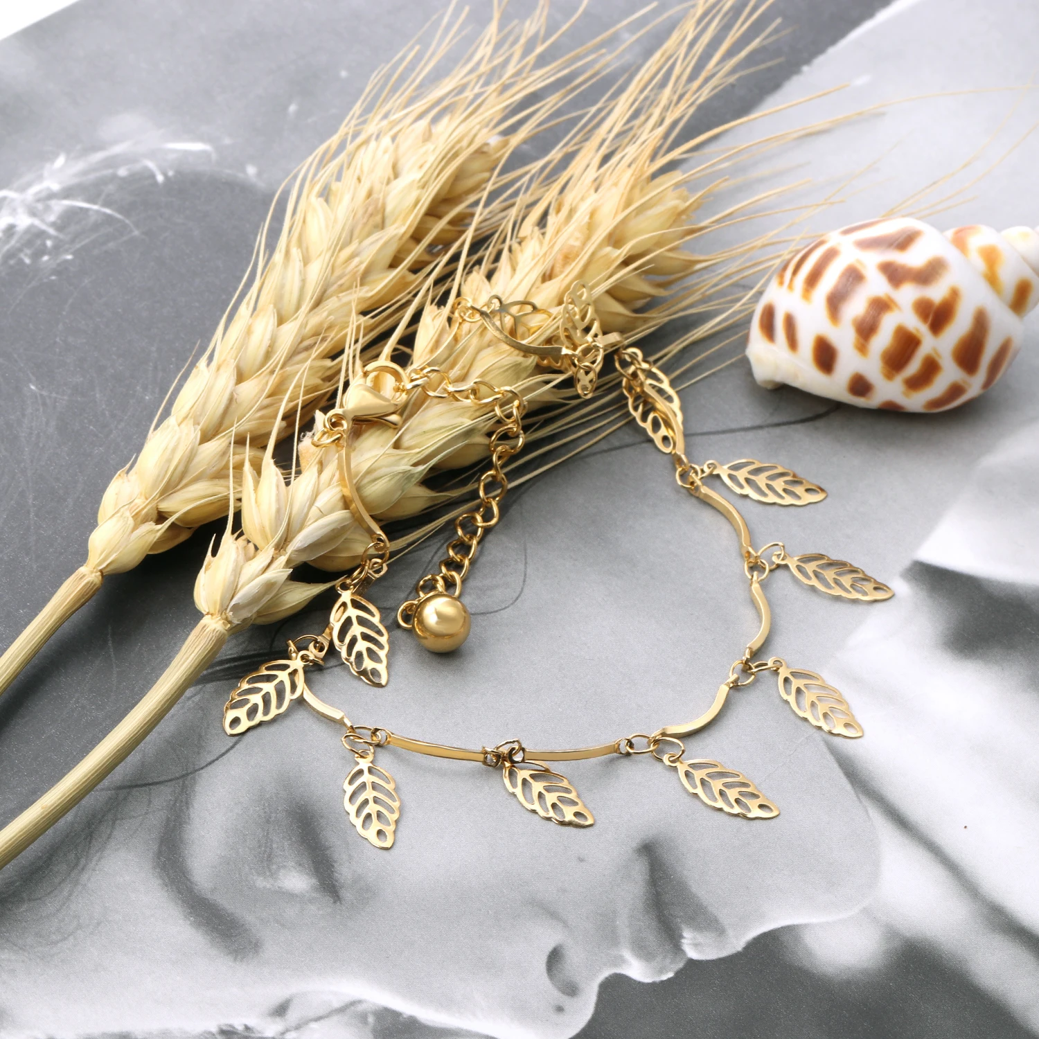 
Ason New fashion gold Anklet with leaf for girl and women stainless steel bangle anklet 