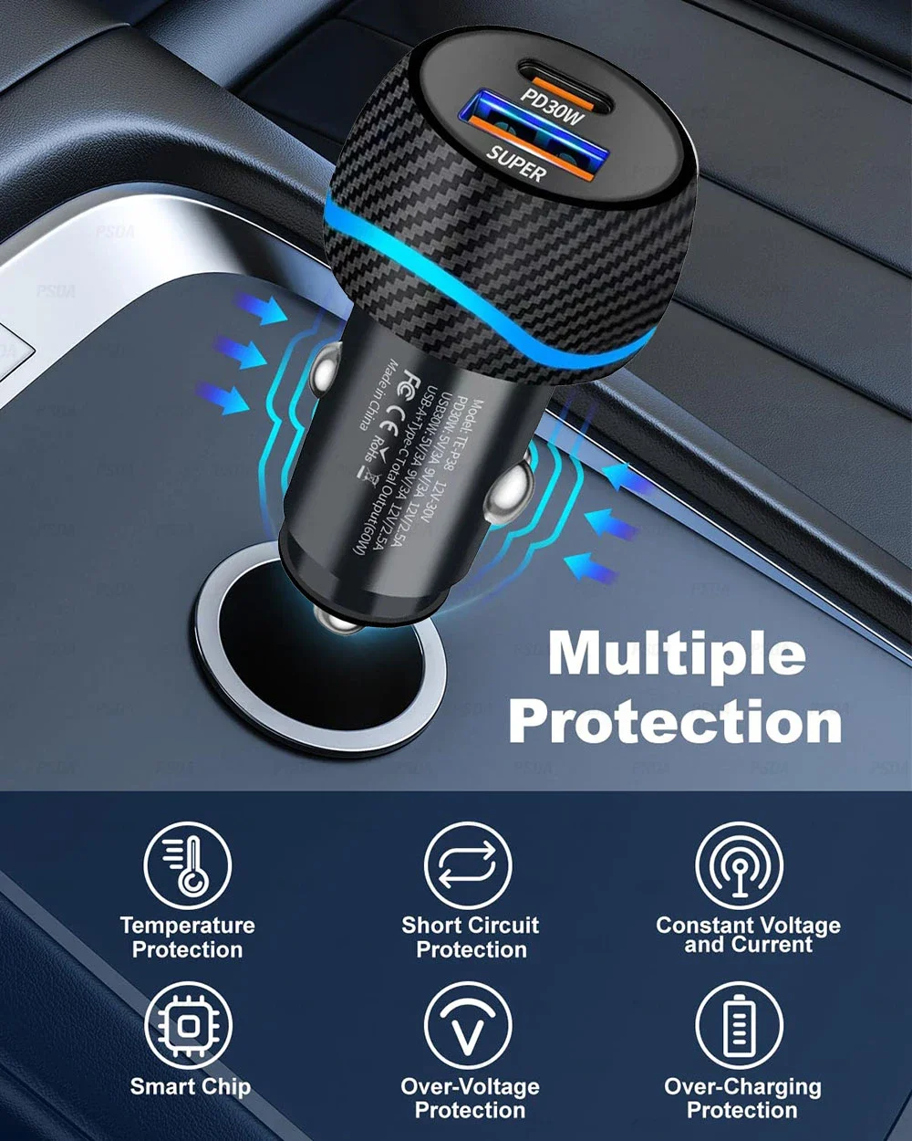 PSDA 60W USB C Car Charger for iPhone 16/15 PD30W&QC30W Cigarette Lighter Phone Charger Adapter USBC Fast Charging for iPhone 16