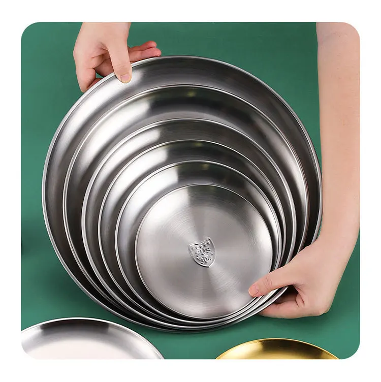 New round 304 stainless steel plate barbecue fruit cake plate retro tray tableware