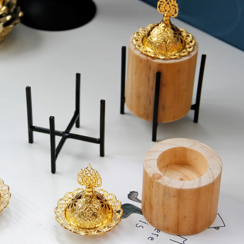 Elegant luxury design Islamic style Iron Stand Wooden Incense Burner Mubkhar Incense Burner Arabic Incense Burner with Lid