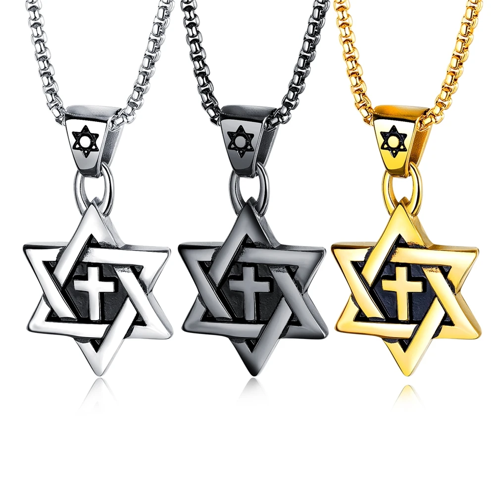 Silver/Gold/Black Geometric Six Point Star Initial Necklace for Men Boys Simple Stainless Steel Pendant Jewelry with Box Chain