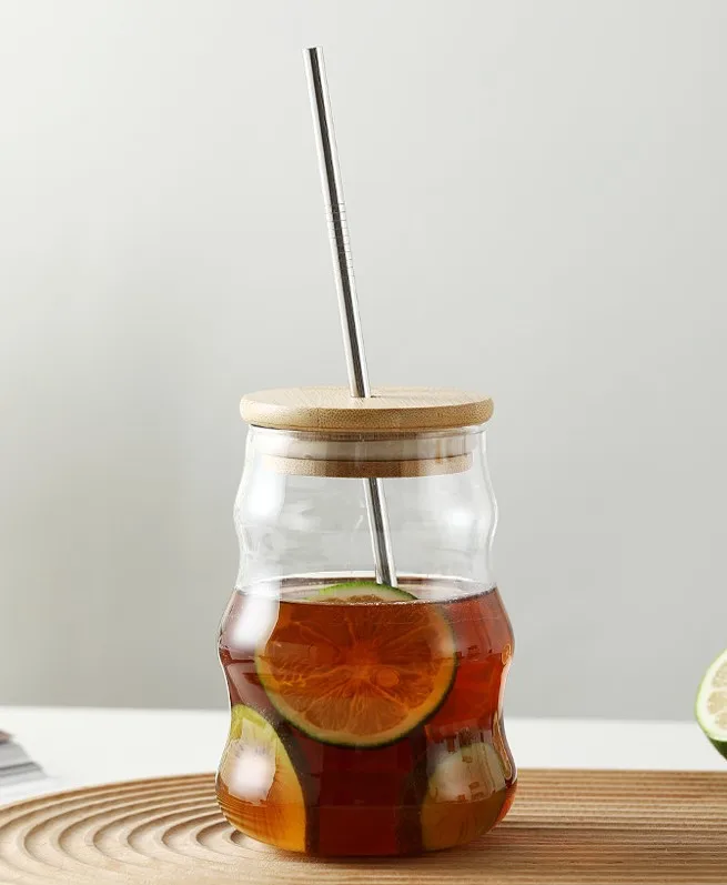 Waved Shape Design Ribbed Drinking Glass Iced Straw Tea Beer Boba Soda Can Tumbler Cup Coffee Cups with Lid and Straw
